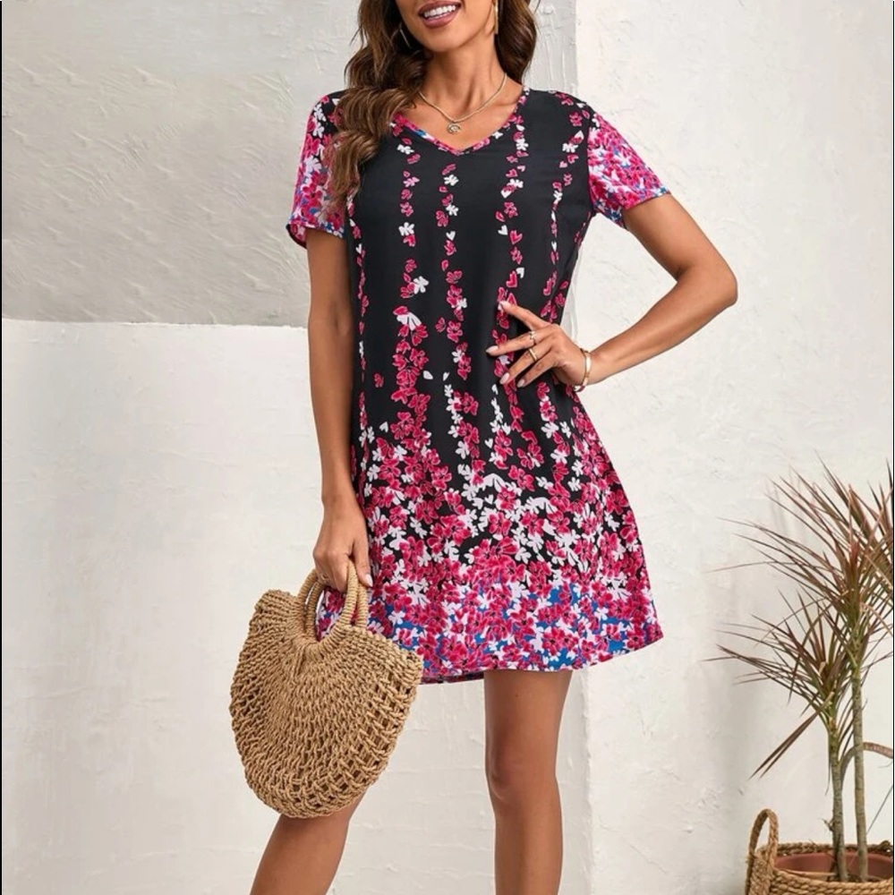 New Boho Floral Print Black Pink White Blue V Neck Short Sleeve Mini Tunic Dress - Picture 3 of 13